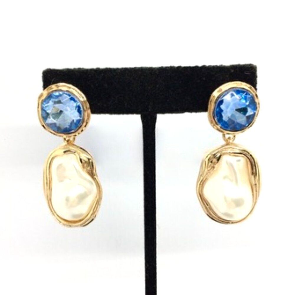 Baroque Pearl Earrings Blue Rhinestone Gold Tone Dangle Drop Chic Wedding Bridal